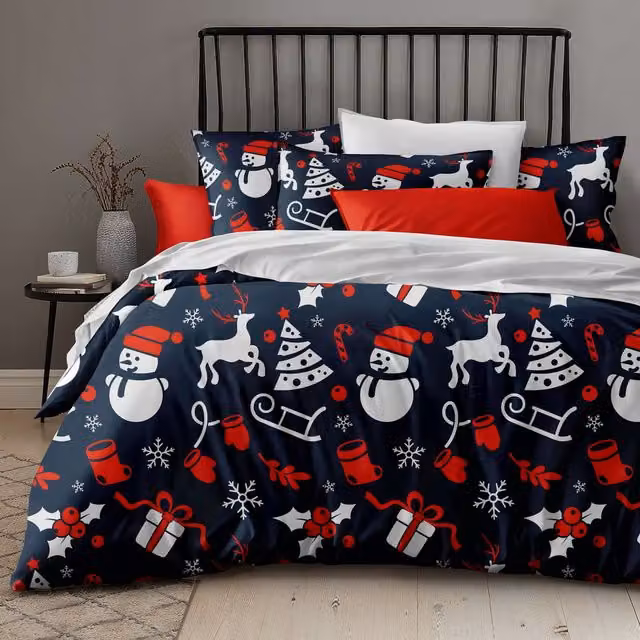 Ezysleep Christmas Graphic Print Duvet Cover and Pillowcase Set in Navy Blue