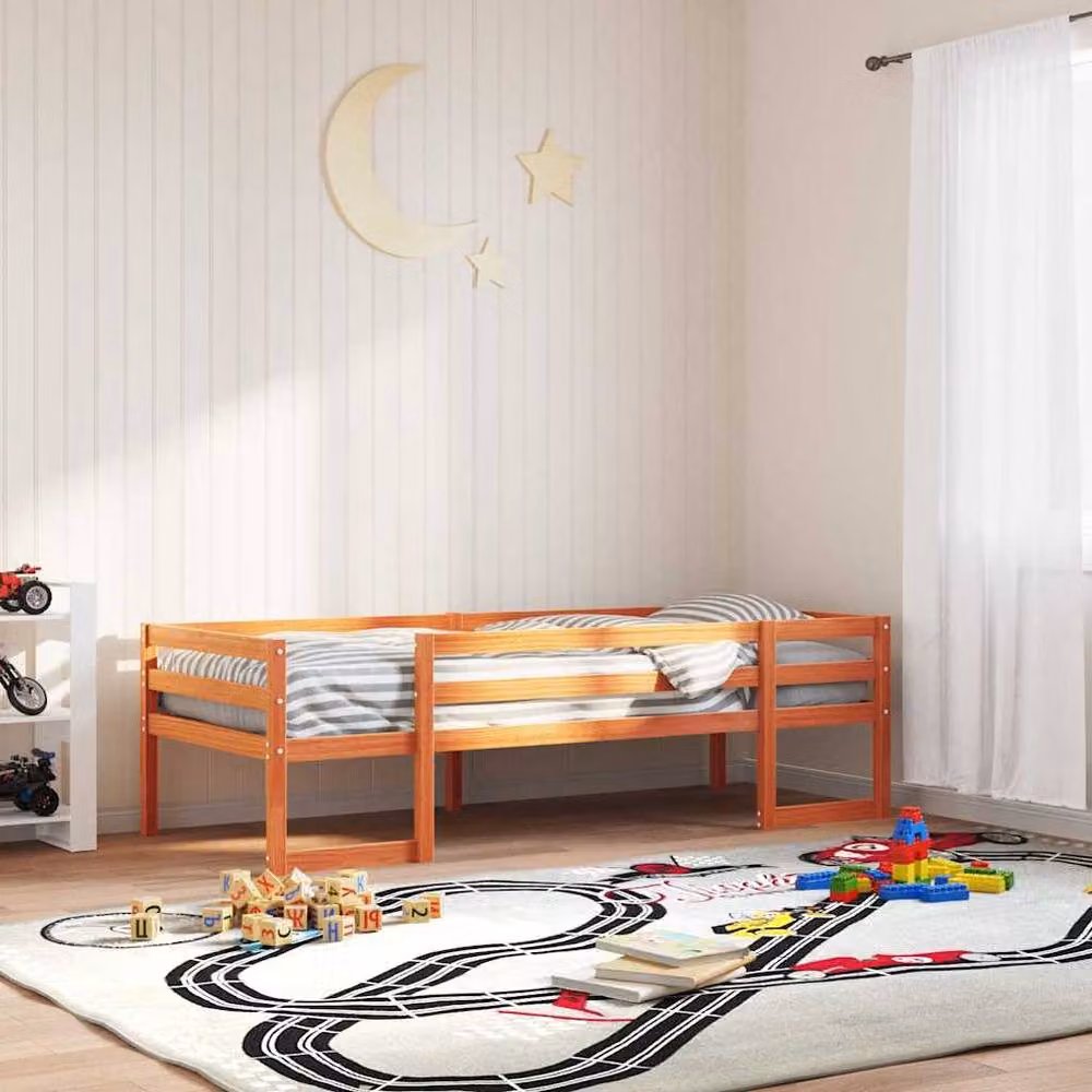 Berkfield Home Kids' Solid Pine Bed Frame in Waxed Brown, W/D/H: 90 x 200 cm – 2