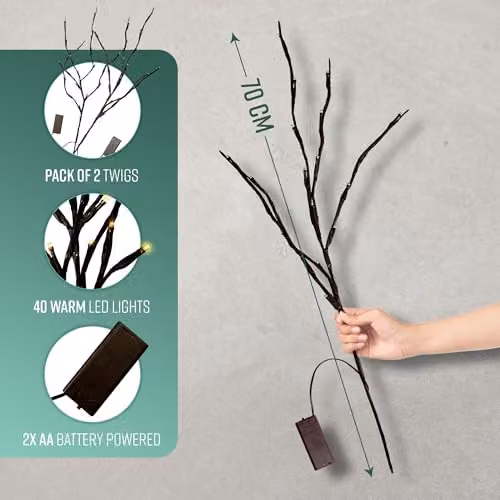 Globrite 2 Pack Brown LED Twig Branch Lights with 20 Warm White LEDs, Battery Powered Decorative Branches for Christmas and Autumn Indoor Décor – 5