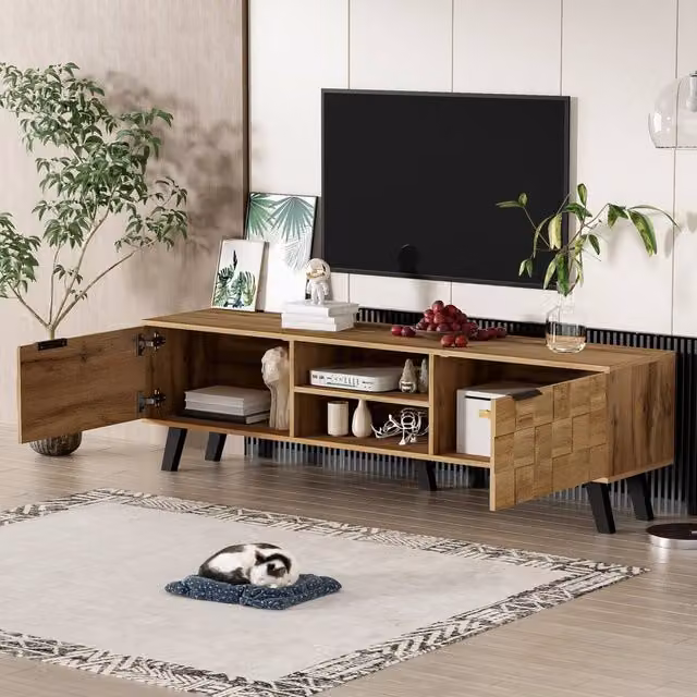 STILVORA Modern TV Cabinet with 2 Doors and 2 Open Shelves in Sand and Brown