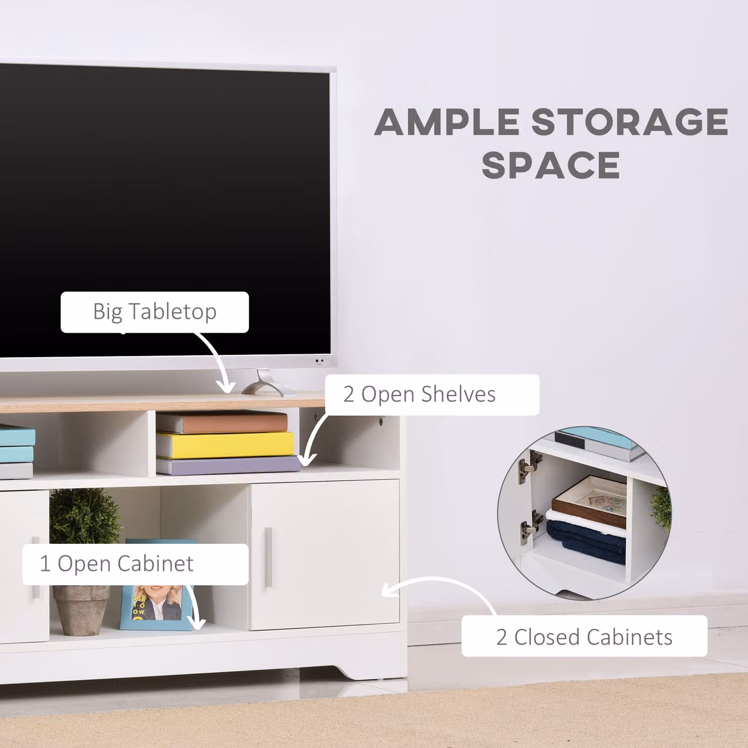HOMCOM Modern TV Stand for TVs up to 42 Inches with Cabinets and Shelves, White and Brown – 3