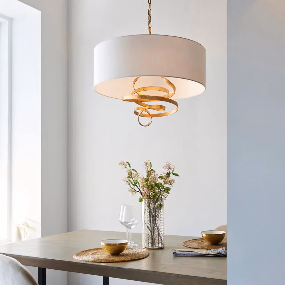 Loops Gold Leaf Ribbon Ceiling Pendant Light with Ivory Shade and 3 Bulb Hanging Lamp Fitting – 2
