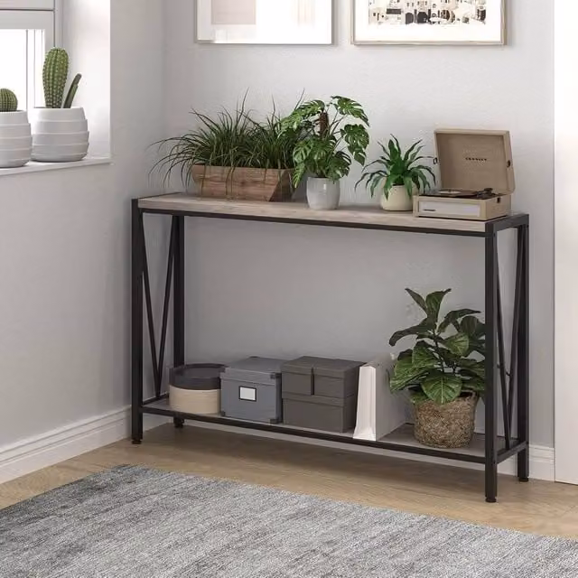VOGREX 2-Tier Narrow Industrial Console Side Table in Grey – 1