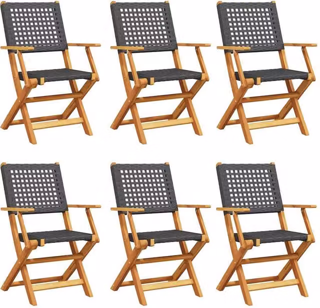 Berkfield Home Set of 6 Black Poly Rattan and Acacia Wood Folding Garden Chairs – 1