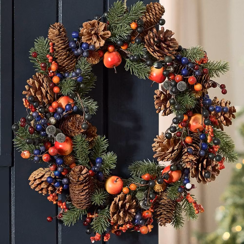 Dibor Multicolour Harvest Fruits Christmas Wreath with Rattan Detail, Diameter: 40 cm – 2