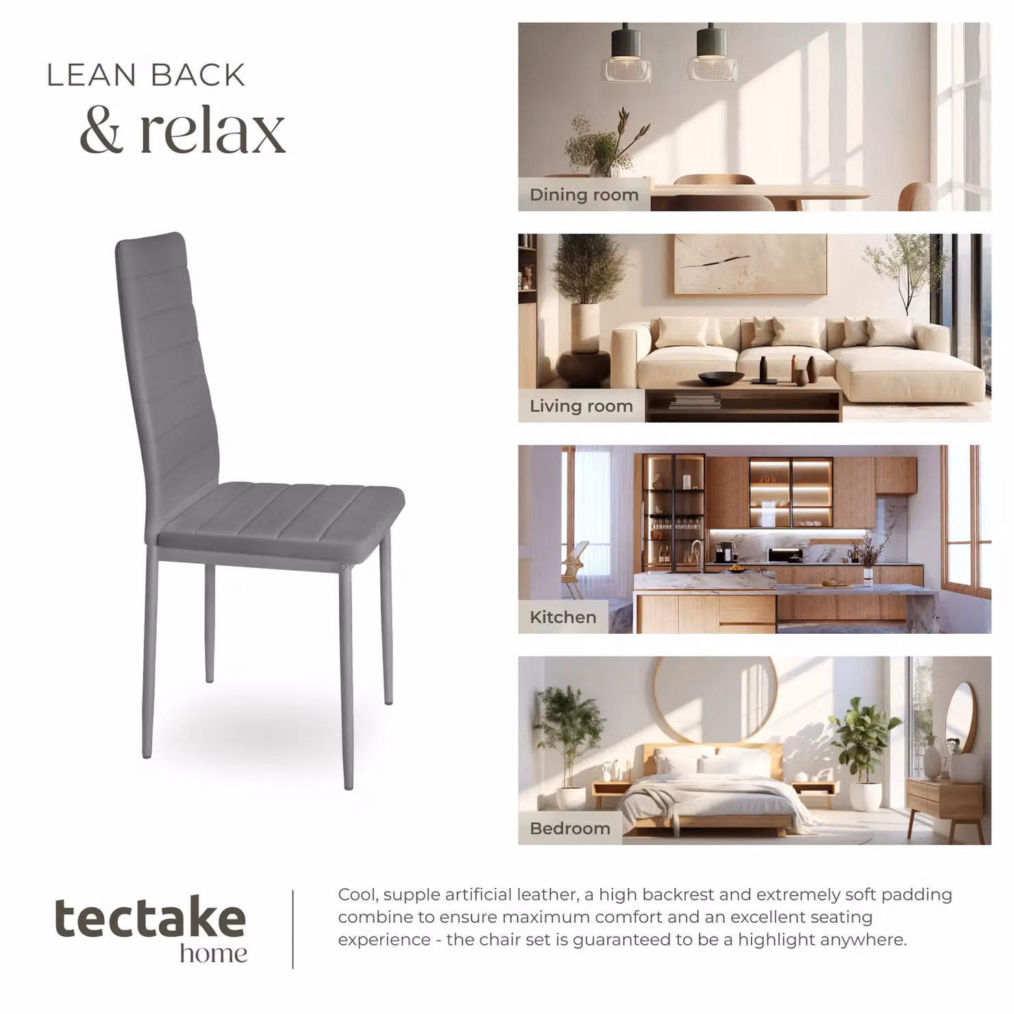 tectake Thomas Set of 4 Modern Dining Chairs in Grey Synthetic Leather – 6