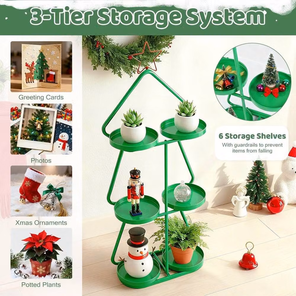 Kelvenix 3-Tier Tree-Shaped Metal Side Table in Green with Red Star Topper – 3