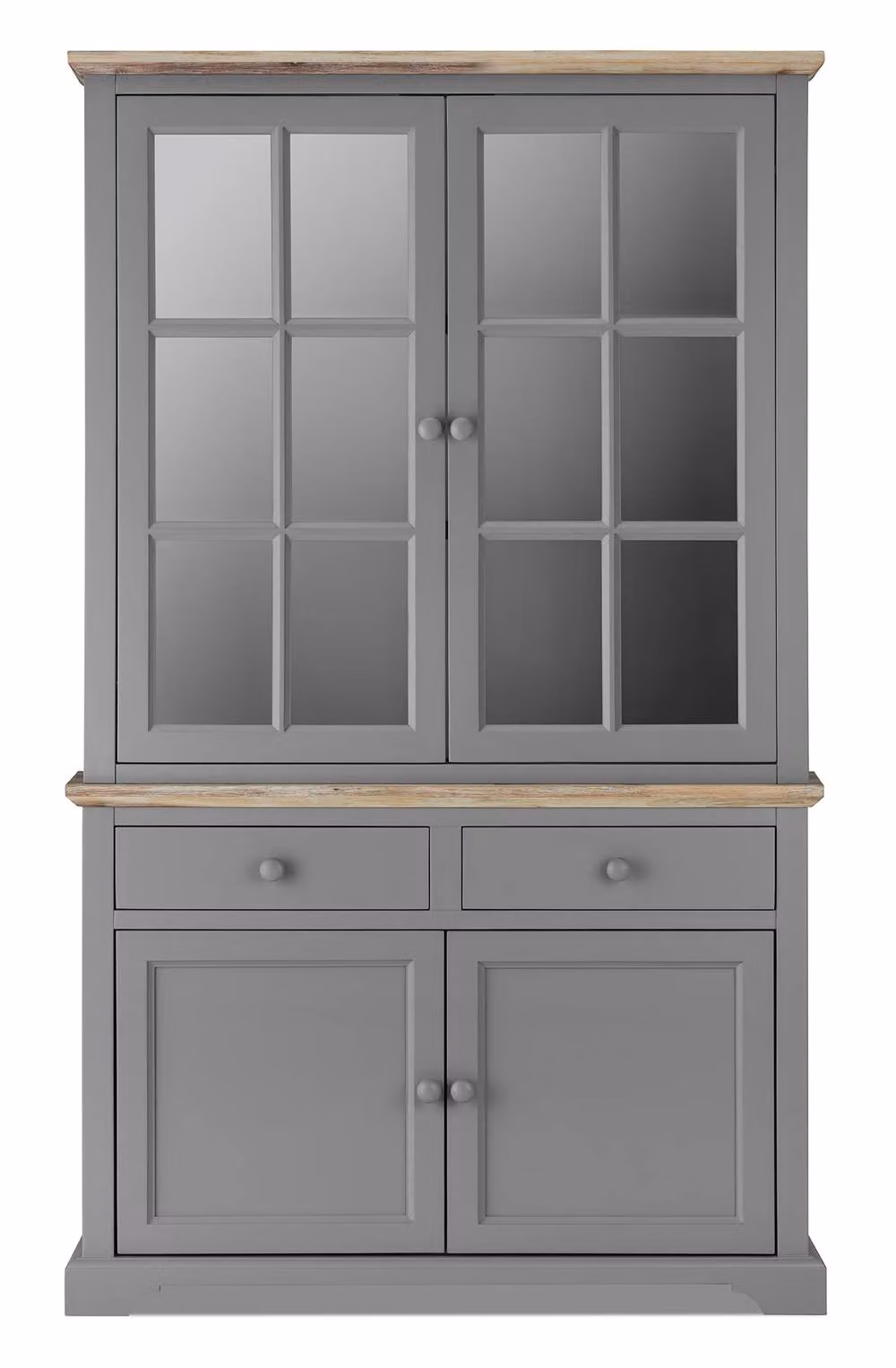 Statement Furniture Florence Display Cabinet in Dove Grey with Brushed Acacia Wood Top, 2 Drawers and 2 Glass Door Cupboard, W: 120 cm, H: 200 cm, D: 42 cm – 2