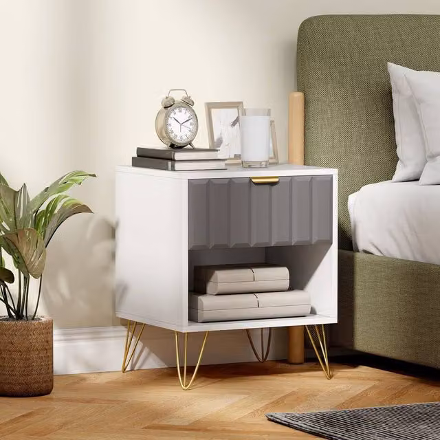 HOMCOM Modern Bedside Cabinet with Drawer and Handle, White – 1