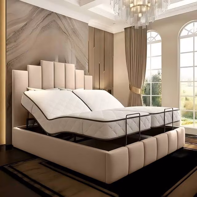 Paradise Beds Ltd Tech Art Deco Electric Adjustable Bed Set with Pocket Sprung Mattress in Beige and Silver, W/D: 180 x 200 cm – 1