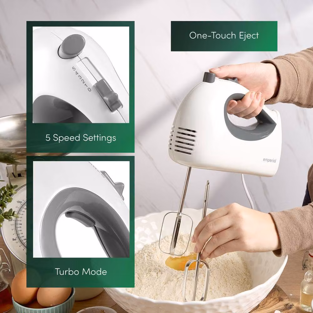Emperial Electric Hand Mixer and Whisk with 5 Speeds and Attachments, White – 6