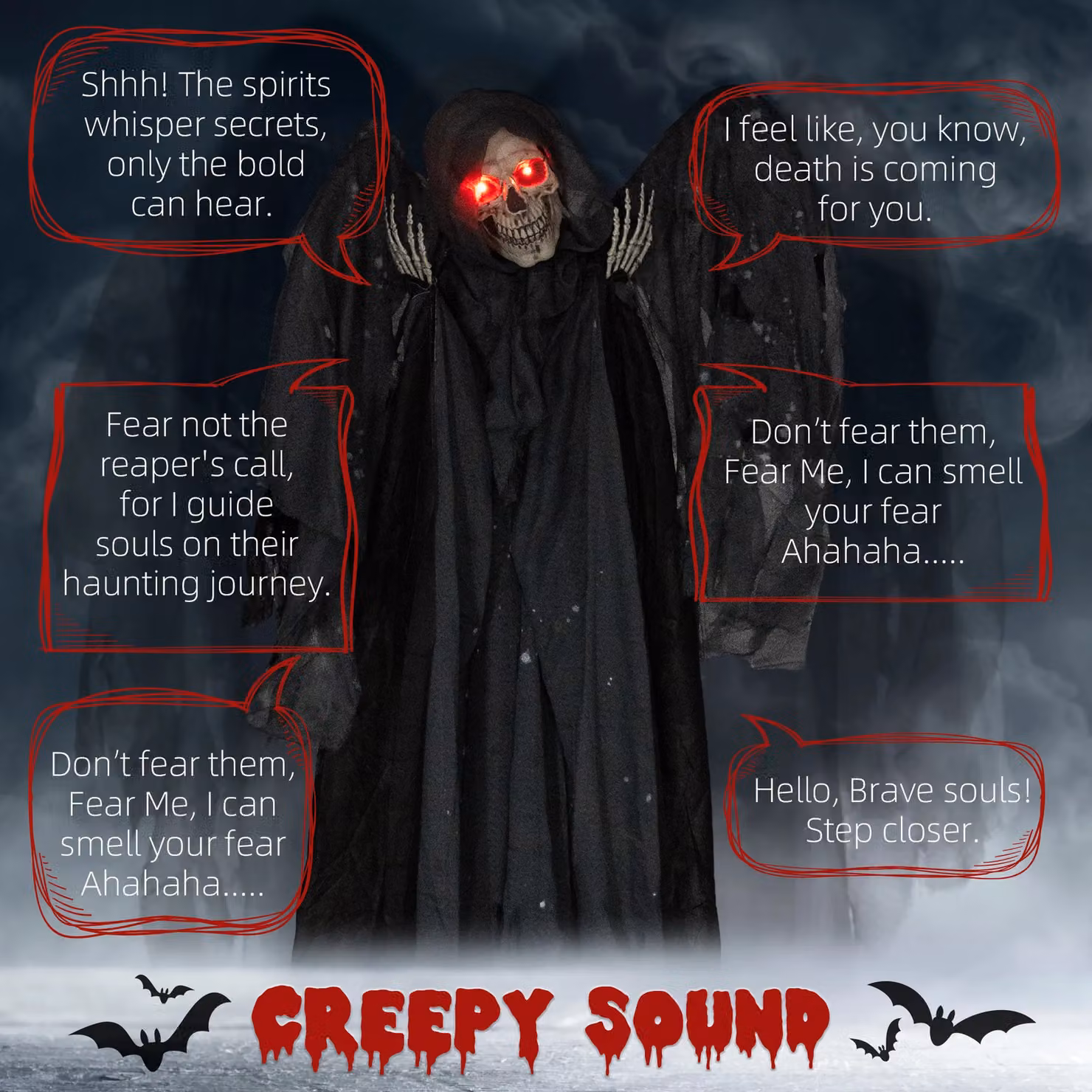 HOMCOM Winged Grim Reaper Animatronic Halloween Prop with Light Up Eyes in Grey – 3