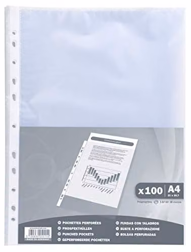 Exacompta Pack of 100 Transparent Embossed Polypropylene Punched Pockets for A4 Documents