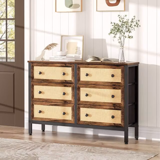 Komore Rustic Rattan and Wood Freestanding Storage Cabinet in Brown and Black, Height: 82.6 cm