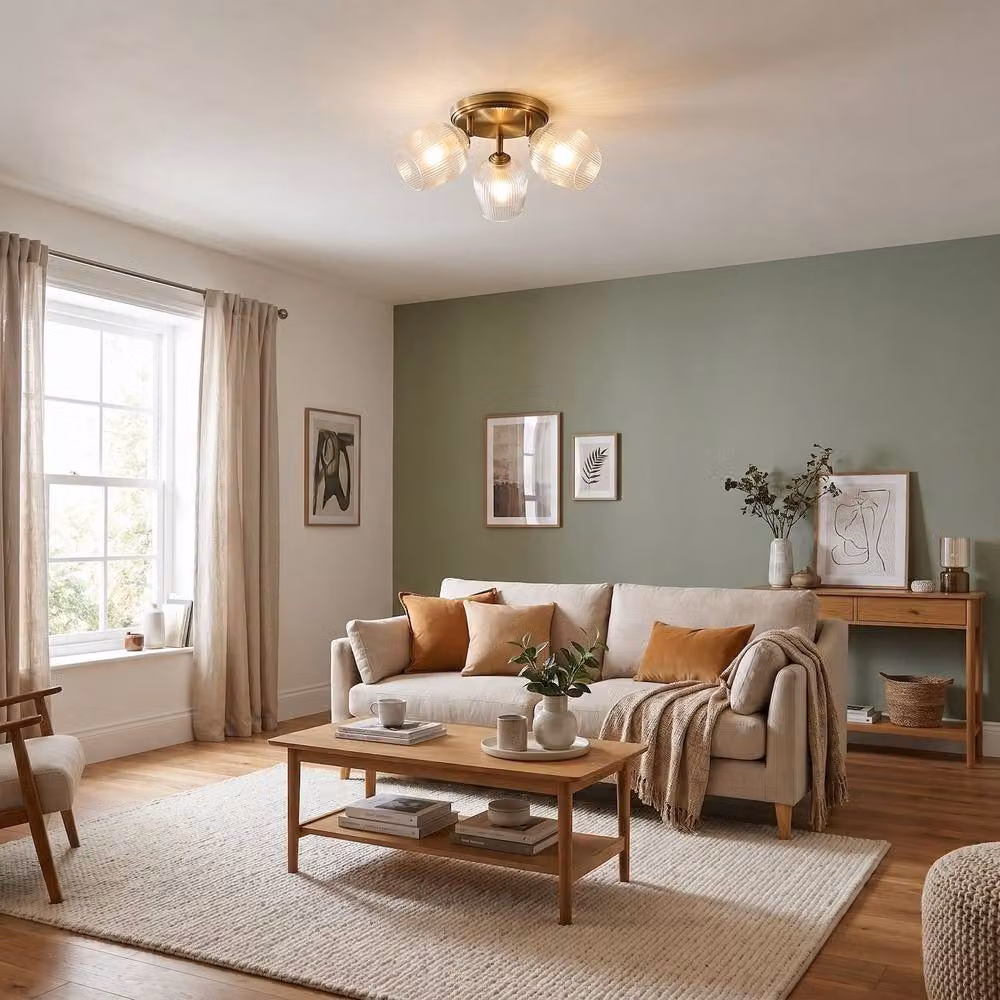 Happy Homewares Antique Brass Triple Spot Ceiling Light with Transparent Glass Shades in Gold/Brass – 2