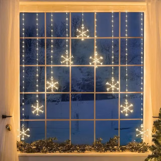 Christow Christmas Micro LED Snowflake Curtain Lights in Warm White and Beige, W/H: 120 x 120 cm – 1