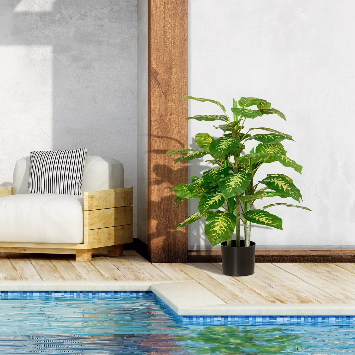 HOMCOM Set of 2 Green Artificial Evergreen Trees in Concrete Pots for Indoor or Outdoor Tabletop Use – 3