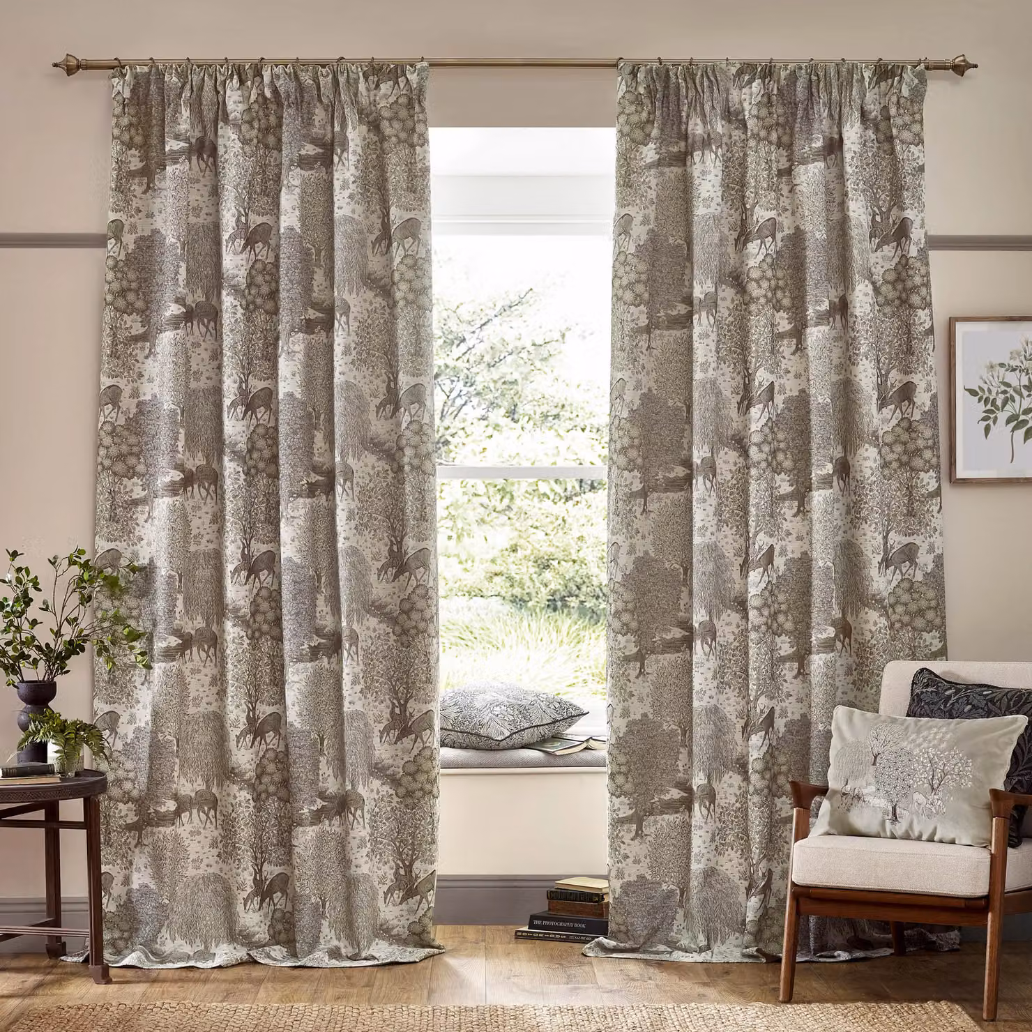 Morris & Co. Brook Woodland Jacquard Pencil Pleat Curtains in Beige, Width: 229 cm, Drop: 137 cm – 2