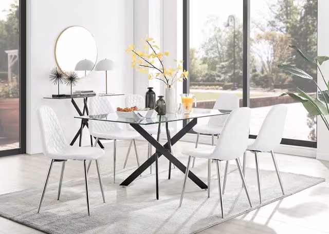 FurnitureboxUK Leonardo Black Leg Glass Dining Table with 6 Corona Silver Chairs in White