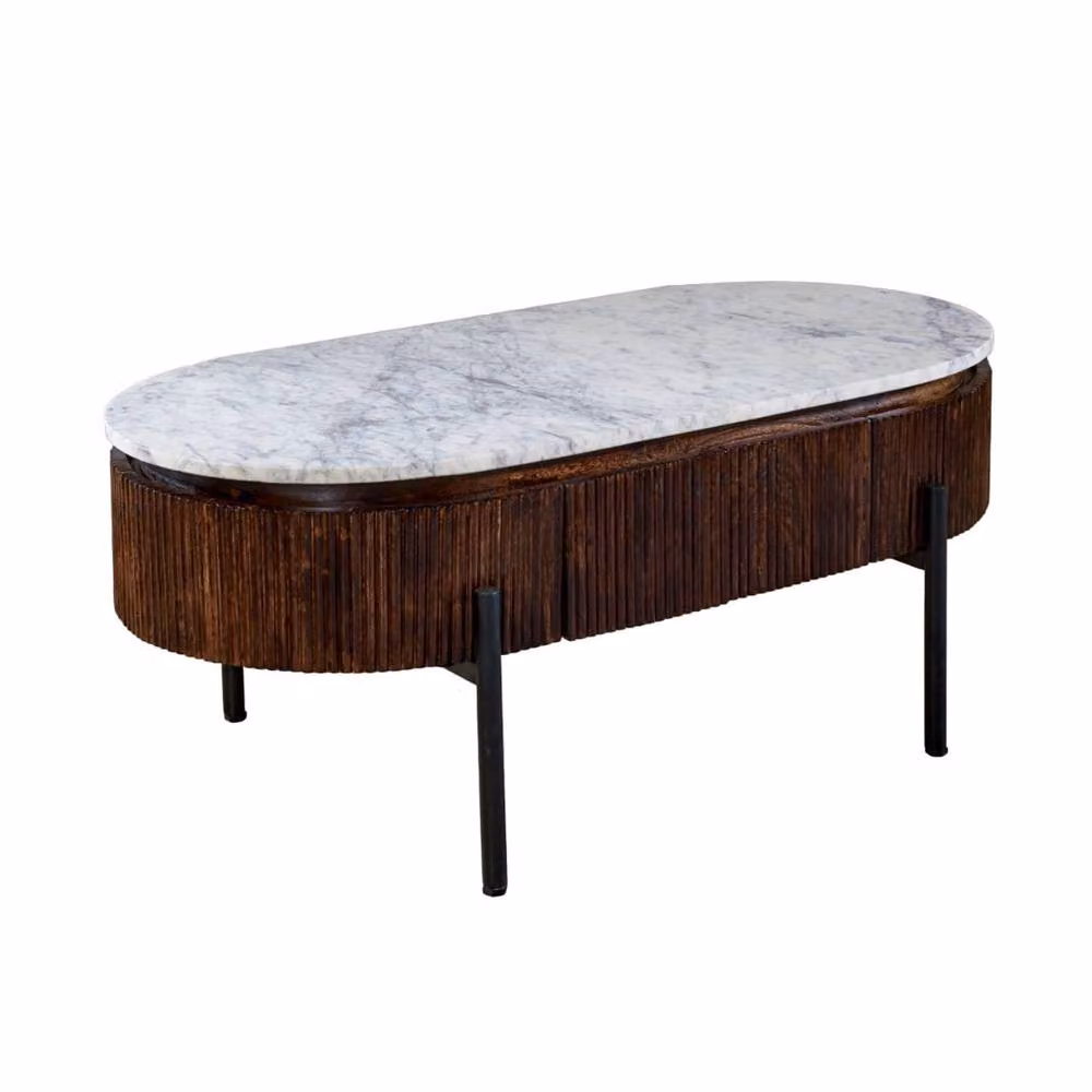 Wyld Haus Alabama Ribbed Mango Wood Oval Coffee Table with Marble Top in Brown and Black, W/D/H: 120 x 55 x 45 cm – 2