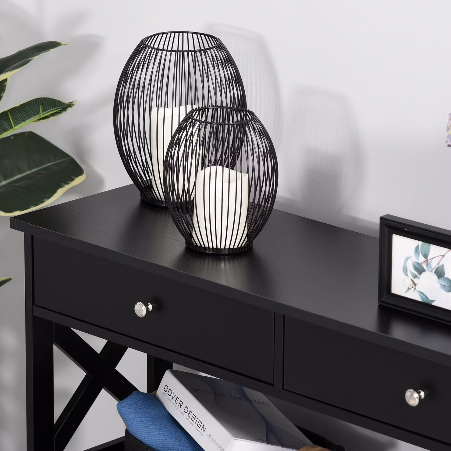 HOMCOM Black Console Table with Shelves, Drawers and X-Frame Support for Living Room, Hallway or Home Office – 7