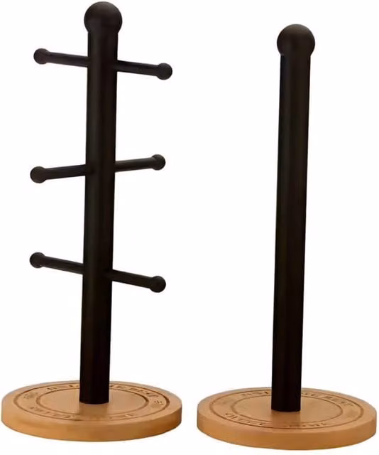 FORGEVIO Stainless Steel 6 Cup Mug Tree Stand and Kitchen Paper Towel Holder in Black