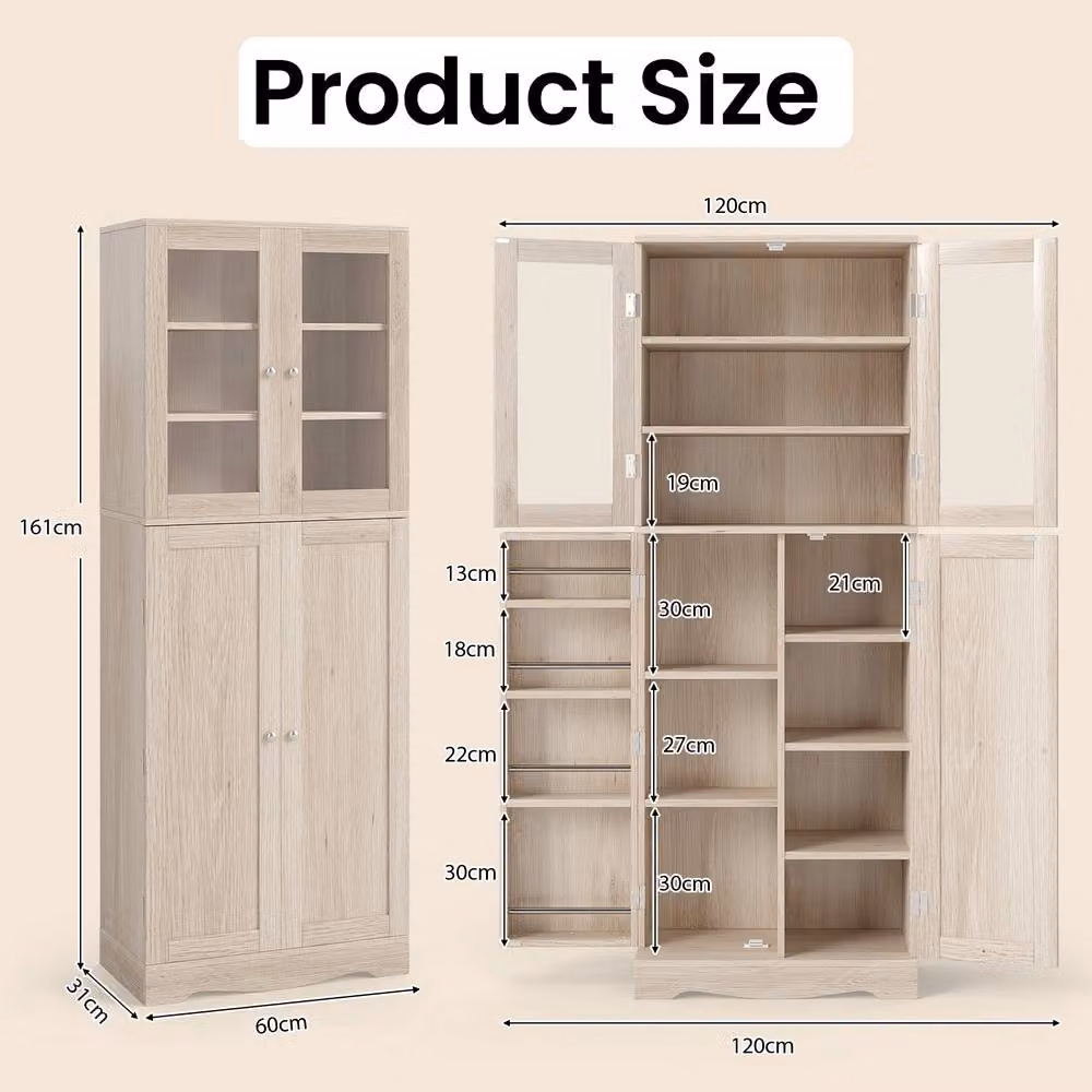 Costway Natural Kitchen Pantry Storage Cabinet with Glass Doors and Internal Shelves – 2
