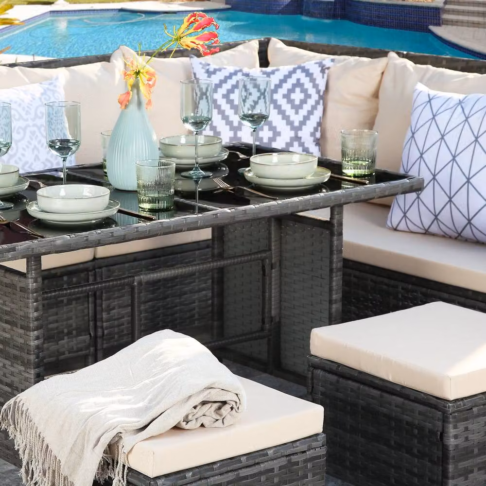 Home Garden Direct Thalia Corner Sofa Set with Glass Top in Beige and Grey Rattan – 4