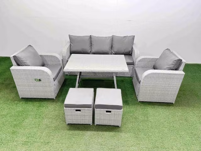 Fimous Reclining 3 Seat Sofa Garden Furniture Set with Ottomans and Coffee Table in Light Grey