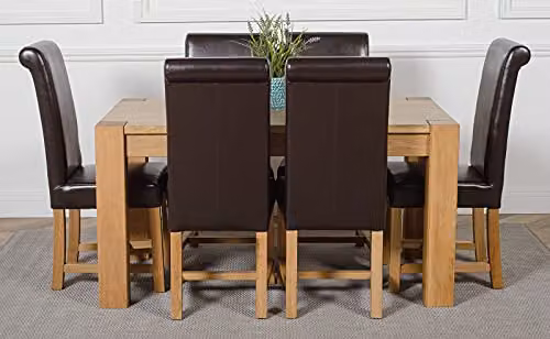 Thats Furniture Kuba Oak Dining Table and 6 Washington Brown Leather Chairs Set, W: 150 cm, D: 85 cm, H: 78 cm – 2