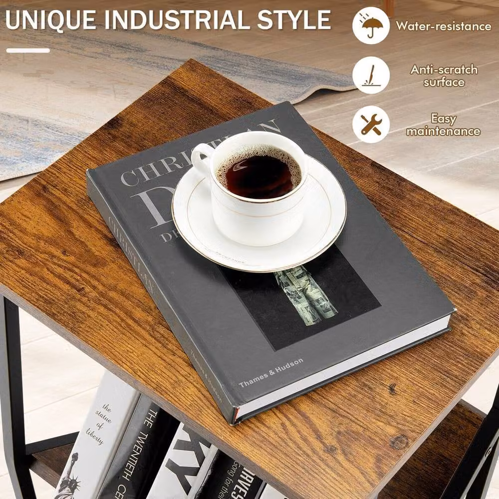 Gymax 3-Tier Industrial Side Table with V-Shaped Magazine Holder and Metal Frame in Brown and Black – 5