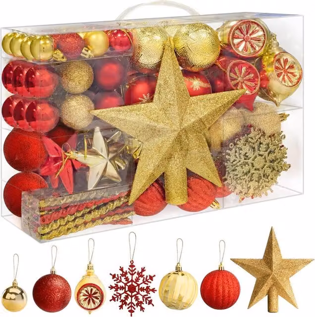 Pelle & Sol 108 Piece Christmas Bauble Set in Gold and Red with Stars, Snowflakes and Icicles Hanging Ornaments