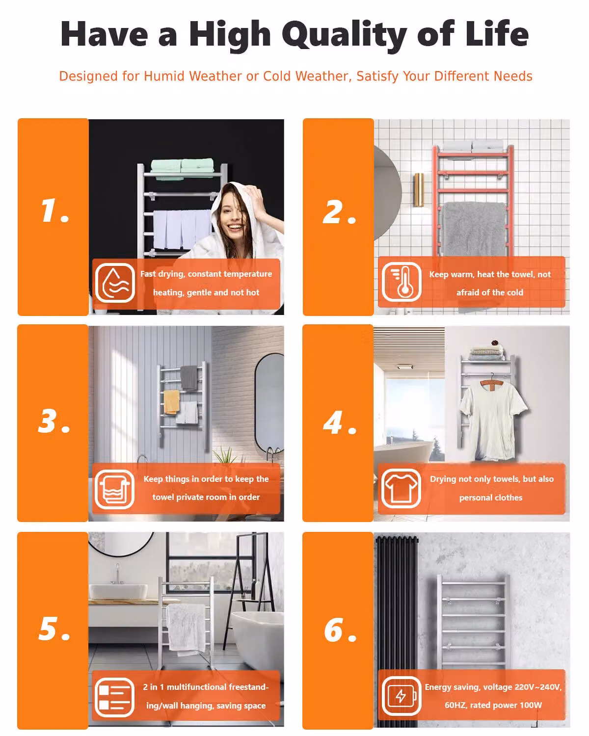 Costway 2-in-1 Electric Towel Warmer and Drying Cloth Stand with 6 Aluminium Bars in Silver – 3