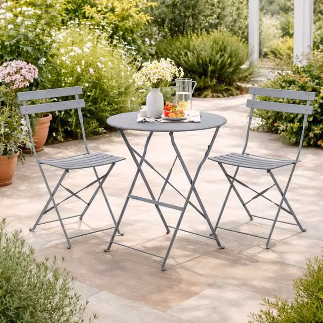 Marco Paul Grey 3 Piece Round Folding Metal Patio Dining Set