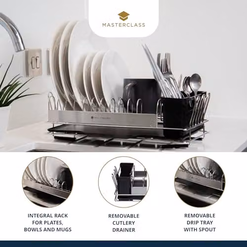 MasterClass Small Stainless Steel Dish Drainer Rack with Cutlery Holder, Silver/Black, W: 41 cm, D: 22 cm, H: 13 cm – 3