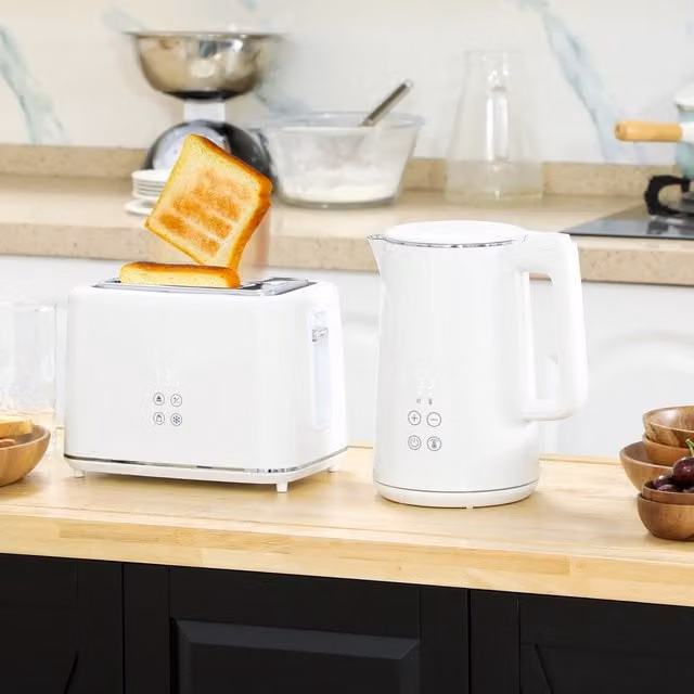 HOMCOM Fast Boil Kettle 1.5L and 2 Slice Toaster Set in Cream and Beige