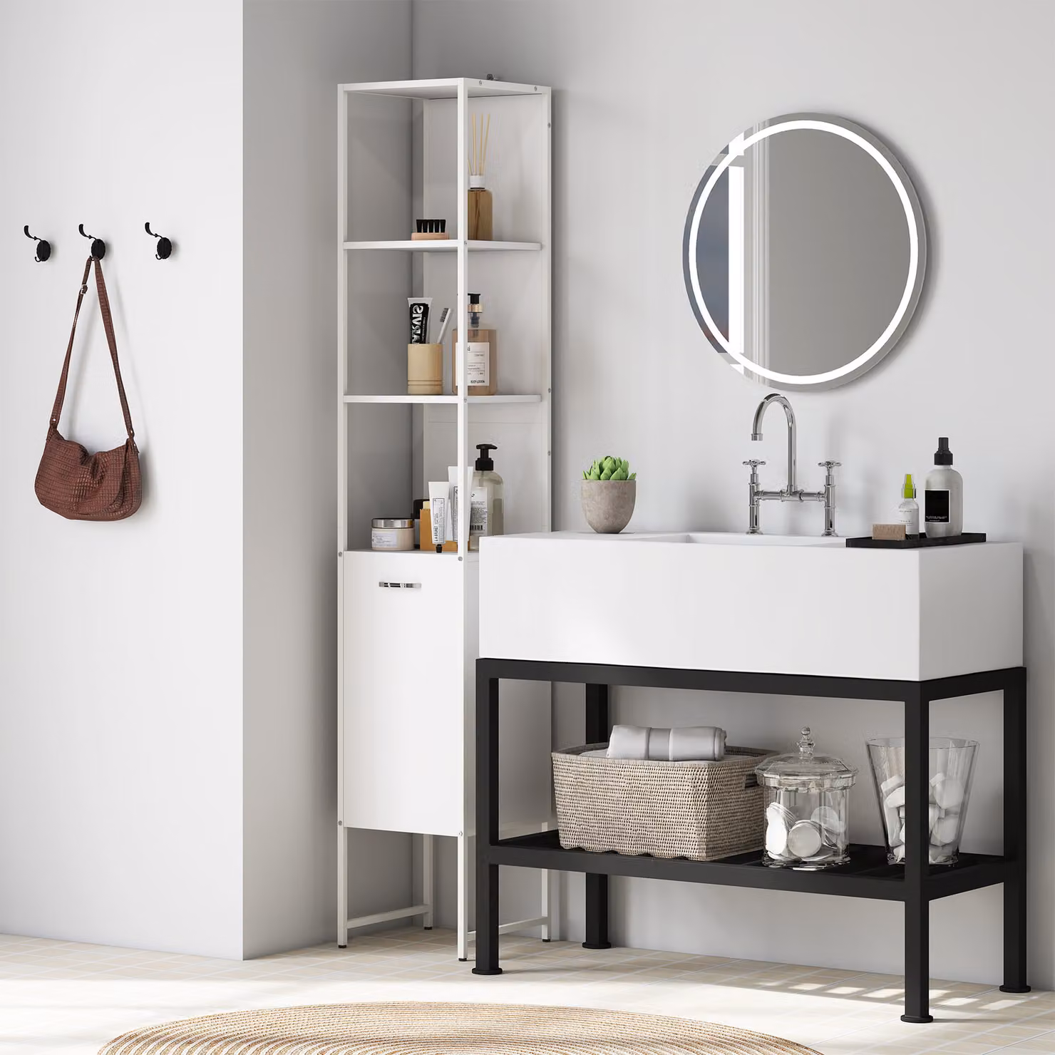 HOMCOM Tall Bathroom Cabinet with Open Shelves and Adjustable Shelf, White – 2