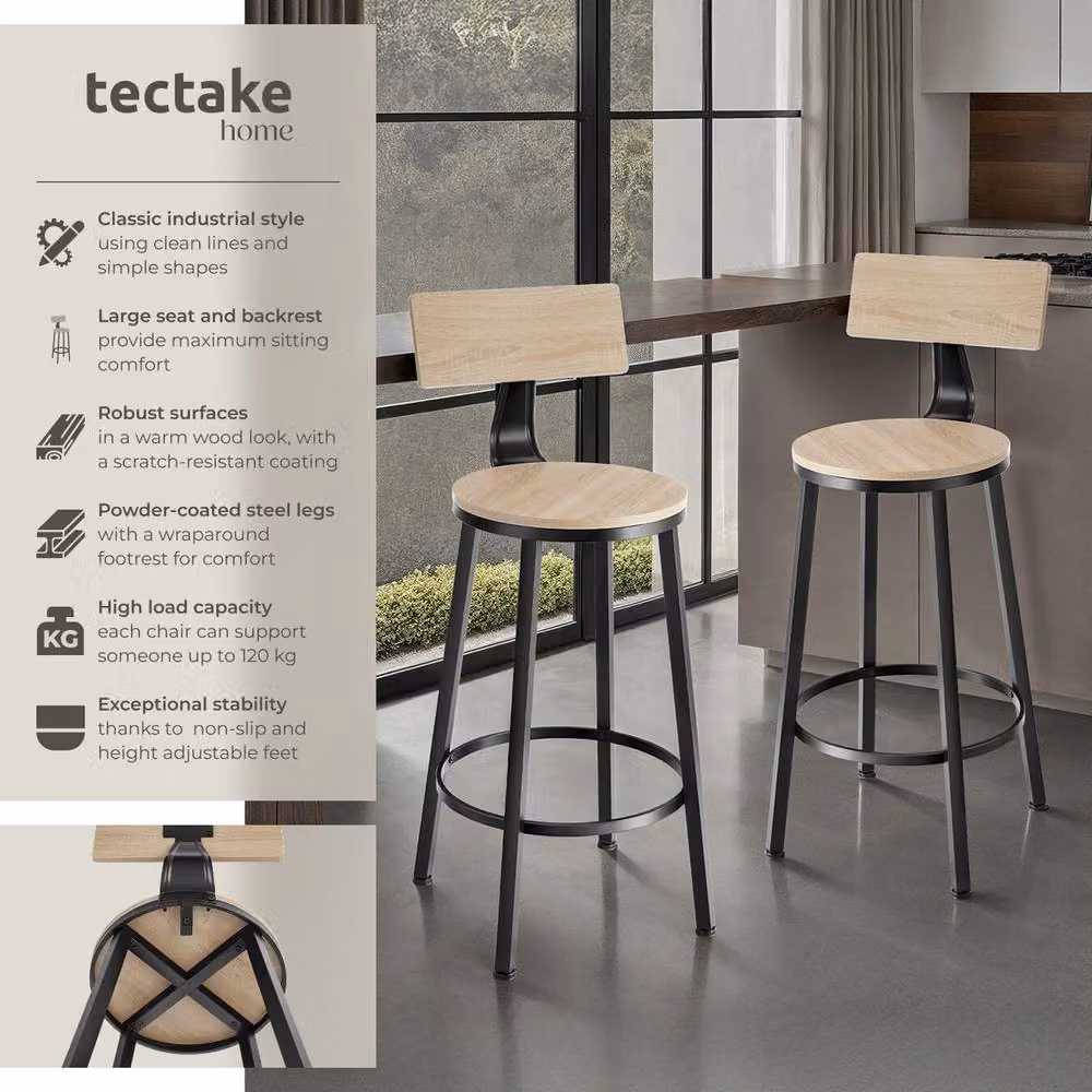 tectake Poole Industrial Bar Stools Set of 2 in Light Oak and Black – 2