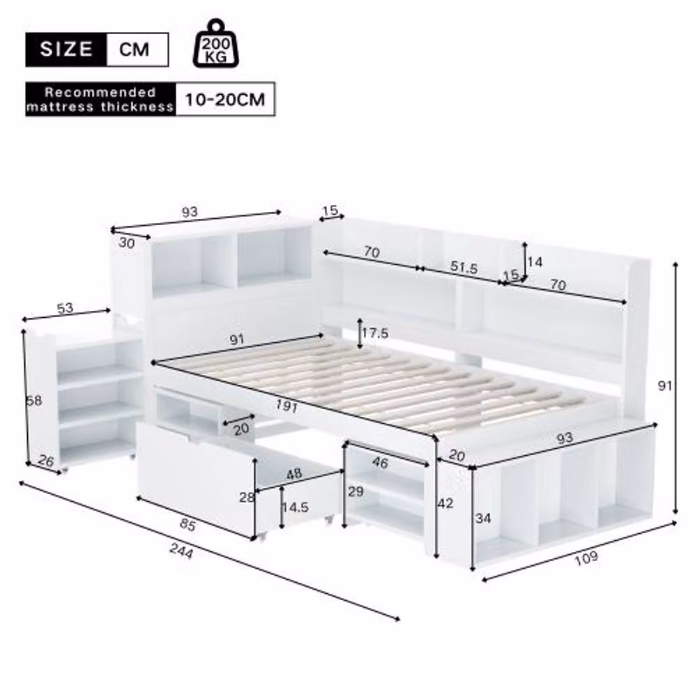 STILVORA Modern Single Bed Frame with Drawers, White, W/D/H: 90 x 190 cm – 2