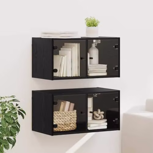 vidaXL Set of 2 Modern Wall-Mounted Cabinets with Glass Doors in Black, W/D/H: 68 x 37 x 35 cm – 2