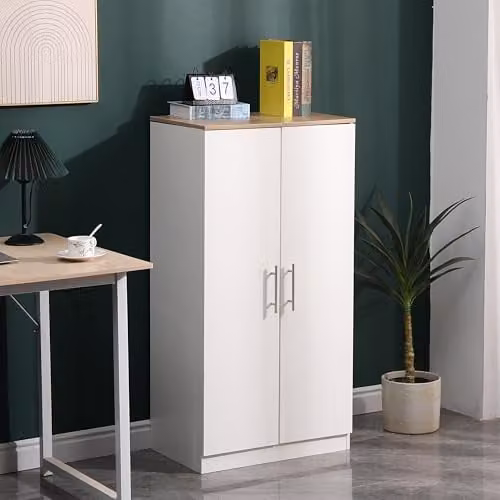 MMT Furniture Designs Ltd White and Oak Shoe Storage Cabinet with 2 Hinged Doors and Internal Shelves, H 108 cm x W 55 cm x D 35.5 cm – 1
