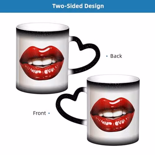 Oudrspo Red Lips Heat Sensitive Colour Changing Ceramic Coffee Mug, Black and Red, 12 oz – 4