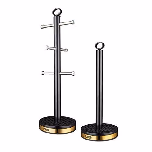 Tower Empire Freestanding Mug Tree and Towel Pole Set in Black and Bronze, Stainless Steel with Anti-Slip Base, H 40.5 cm x W 13.5 cm x D 13.5 cm – 1