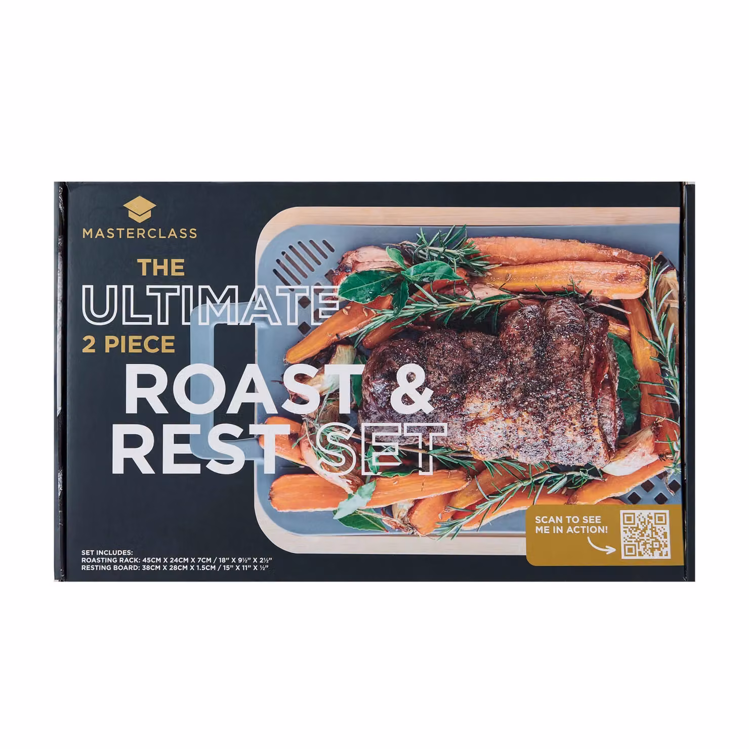 MasterClass 2 Piece Roast and Rest Set in Grey, Heat Resistant Silicone and Wood Roasting Rack with Resting Board – 6