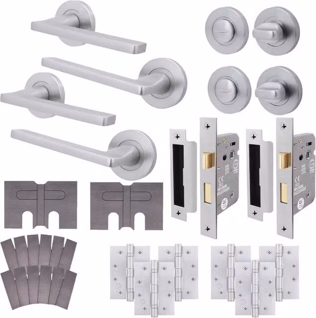 AFIT Satin Chrome Fire Door Handle and Rosette Set with Latch Lock, 2 Pack, Silver
