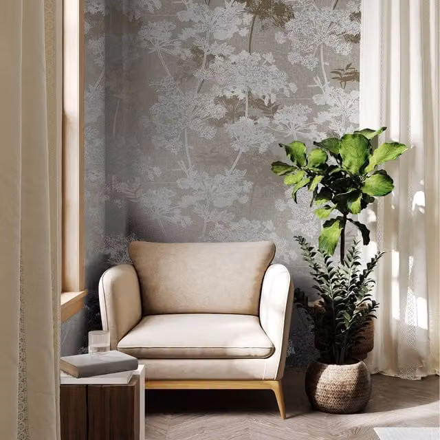Superfresco Meadow Trees and Floral Botanical Wallpaper in Natural Gold and Grey