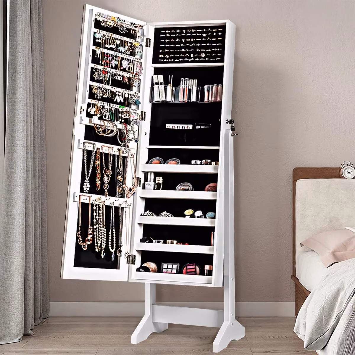 Costway Freestanding Jewelry Armoire with Full-Length Mirror and Lock in White – 2
