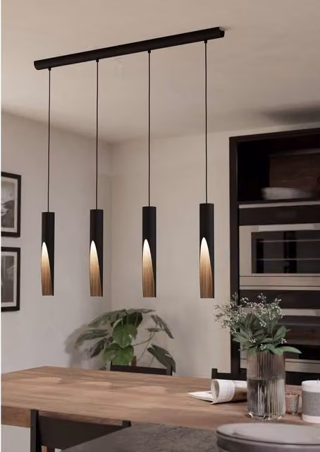 Eglo Barbotto Modern Industrial 4 Pendant Light WBS in Brown, Wood and Black