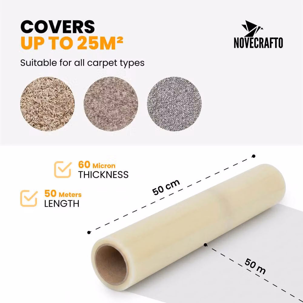 Novecrafto Self Adhesive Carpet Protector Roll, Transparent Construction Film, W: 50 cm, L: 50 m – 2