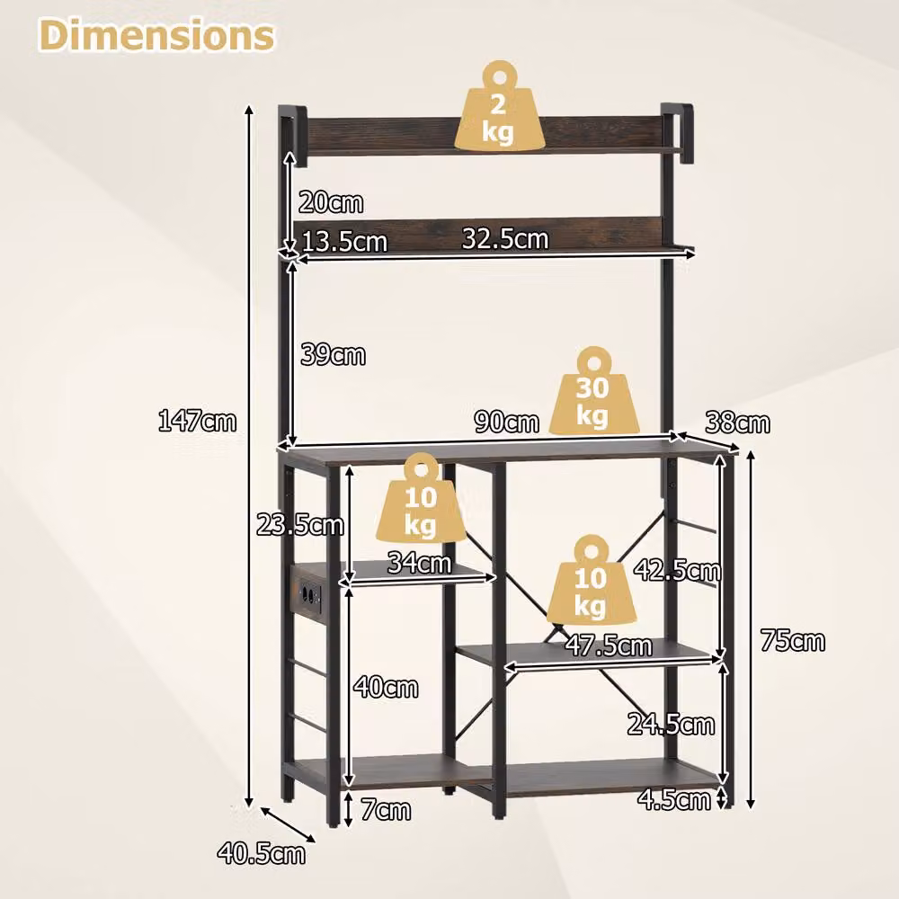 Gymax 5-Tier Brown Kitchen Bakers Rack with Microwave Stand and Power Outlet – 6